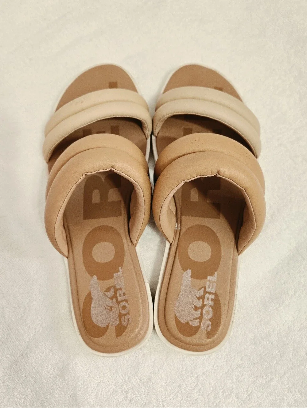 Sorel Viibe Twist Slide Sandals Women's Size 8.5 Tan Beige Puffy Straps Comfort